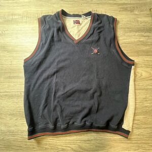 Bugle Boy Sweater Vest Mens L Navy Blue Gray V-Neck Cotton Striped Trim Vintage